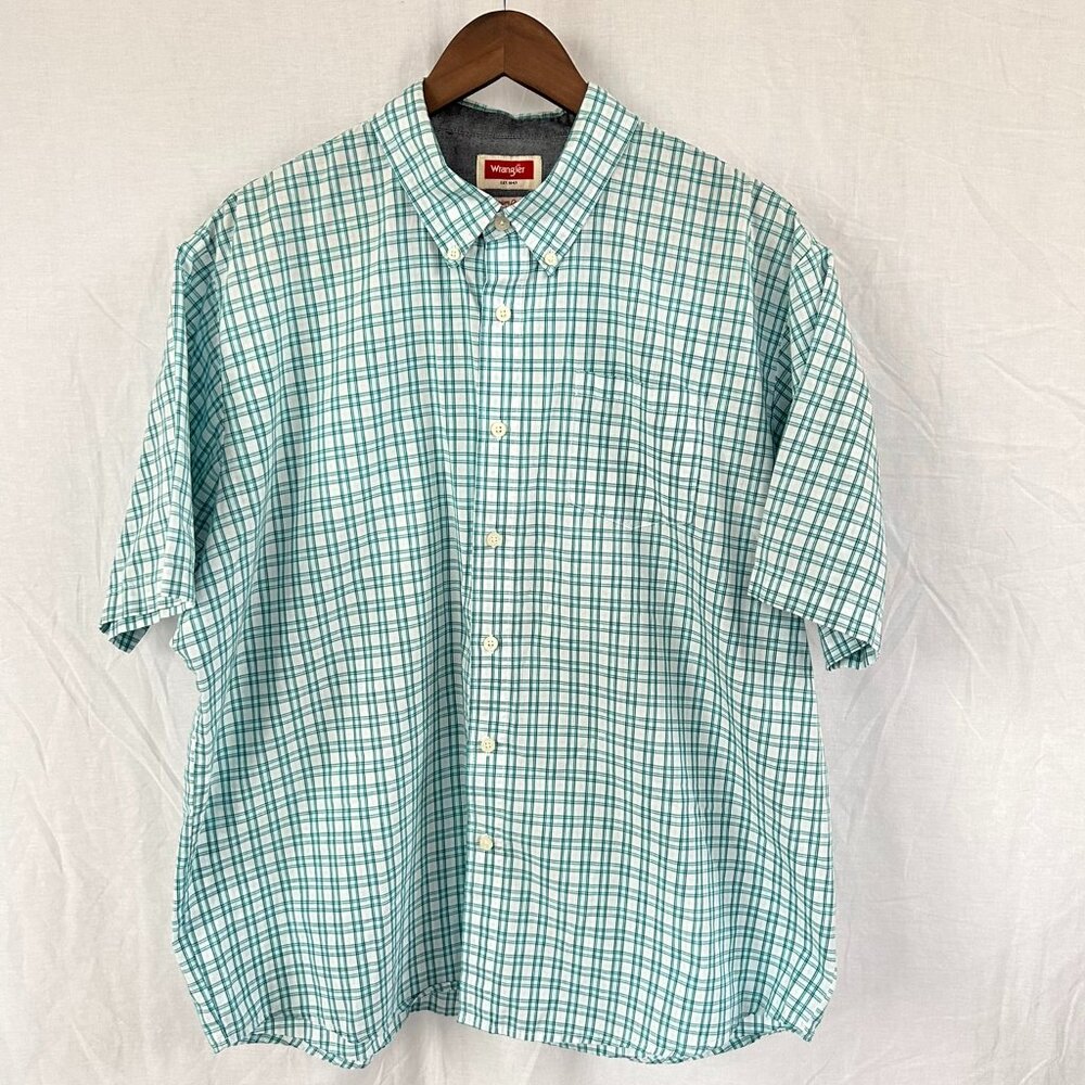 Men's Wrangler Button Down Short Sleeve White/Green Checkered Shirt, XL
